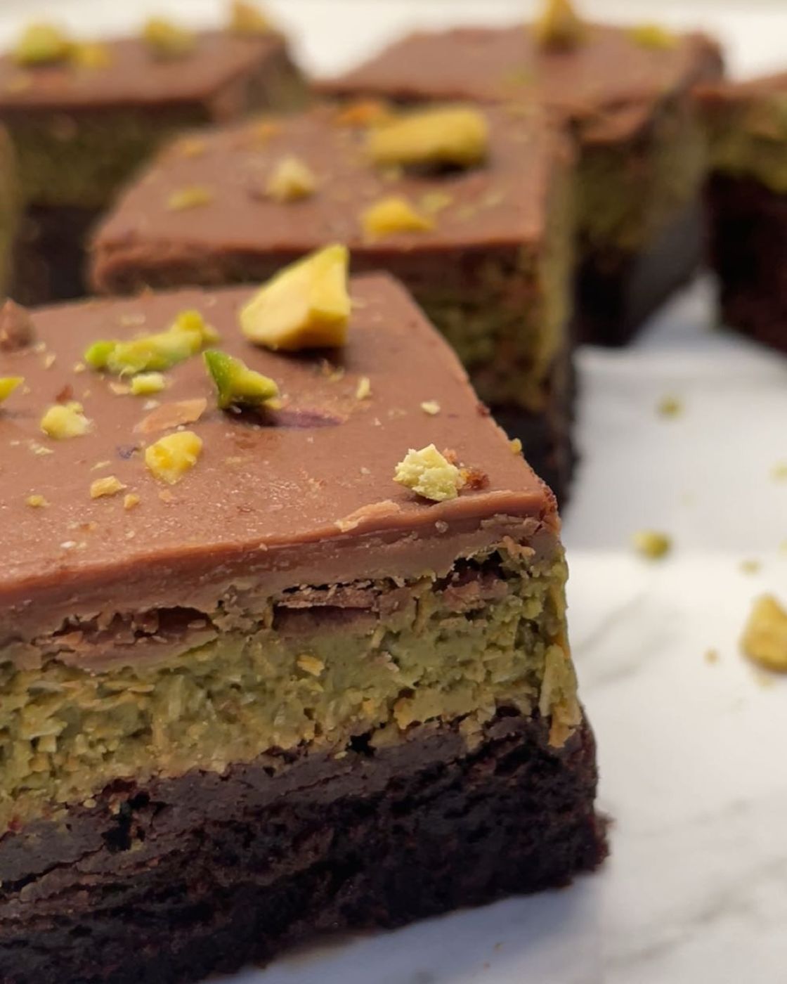 Dubai chocolate brownies topped with pistachio